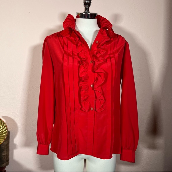 Vintage 70 80 Lilli Ann Retro Victorian Red Ruffle Front Feminine Tuxedo shirt - Picture 12 of 17
